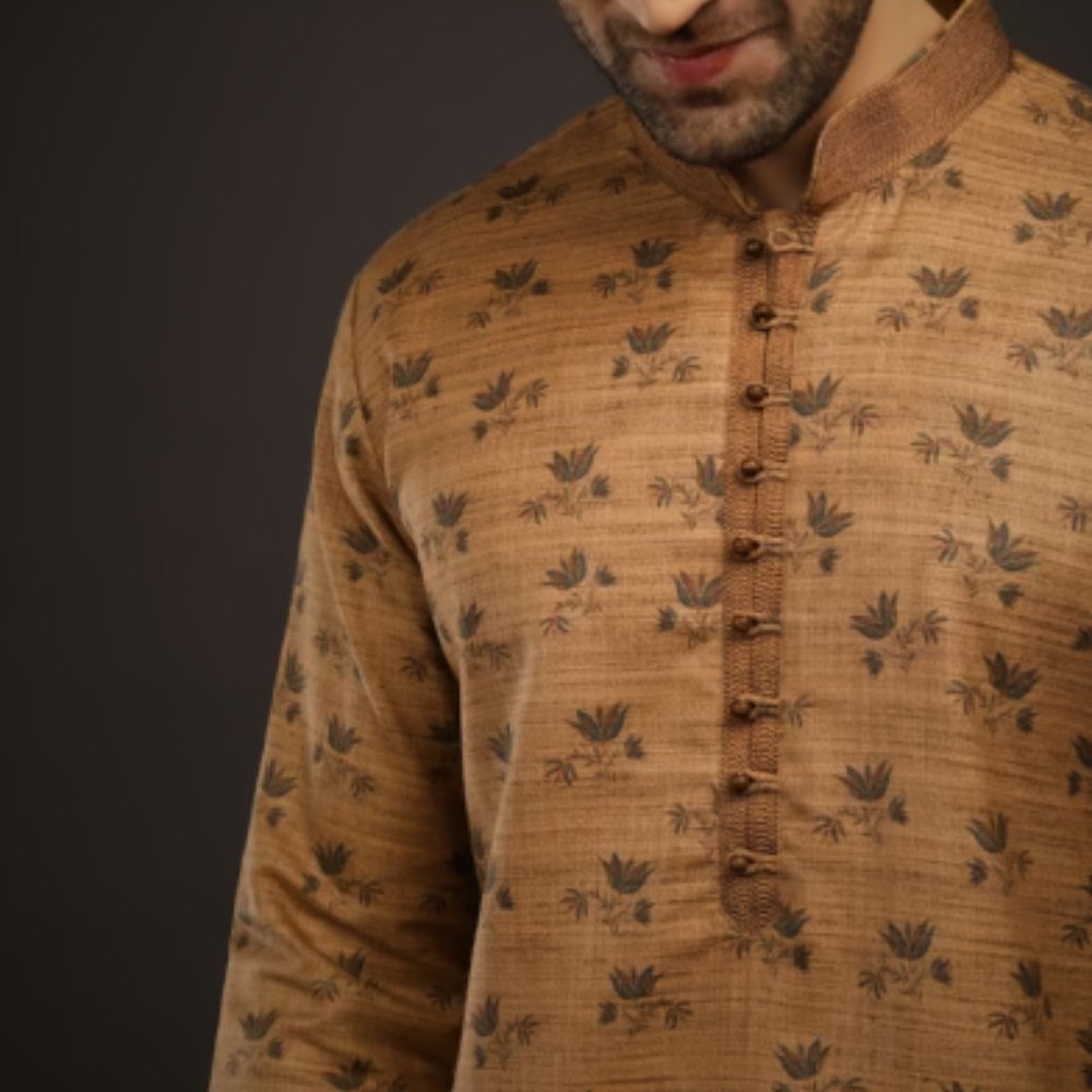 Brown Kurta Set In Tussar Silk and Blue Printed Floral Buttis Size 38